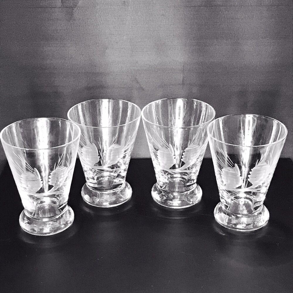 Shot Glasses Set Of 4 MCM Etched Pinecones Branches 3.25”